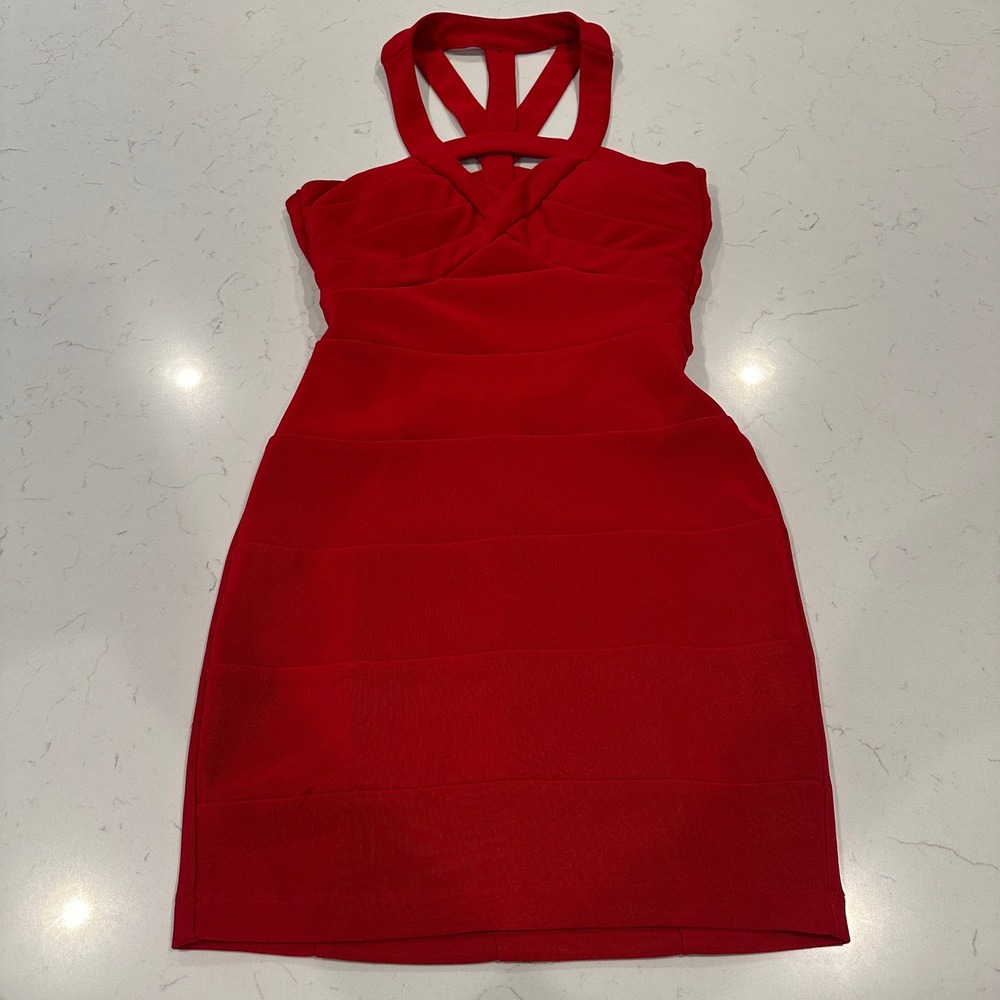 Emerald Sundae Red Bodycon Mini Dress Caged Halter Strappy Back EYS-1027 Small
